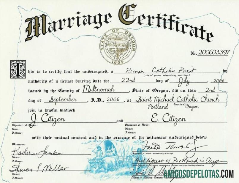 Certidão de casamento nos EUA Oregon modelo